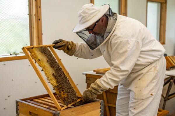 Beekeeper carefully handling a queen bee using a queening chair, demonstrating safe beekeeping techniques