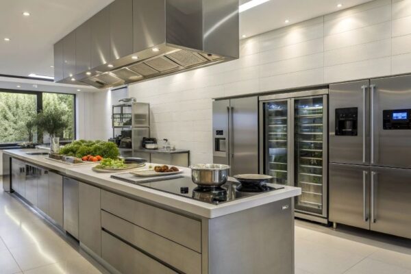 Modern smart kitchen with automated appliances, touch-screen controls, and futuristic cooking technology illustrating the future of cooking