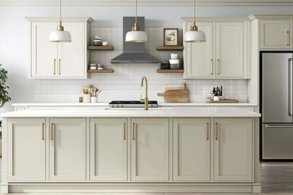 Modern white kitchen with matching cabinets and walls, featuring brass hardware.