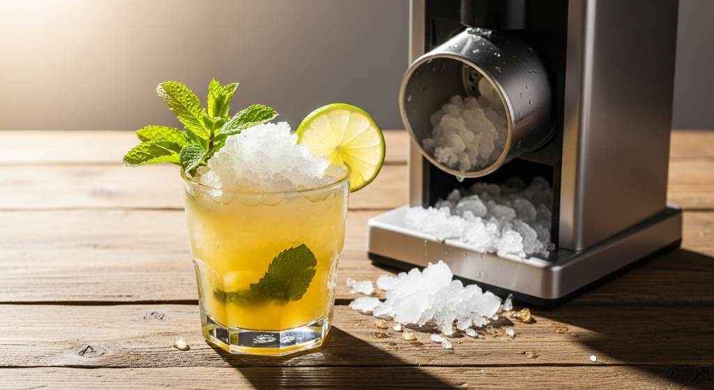 Bright summer cocktail with perfectly crushed ice with powerful ice crusher and fresh mint garnish on wooden table