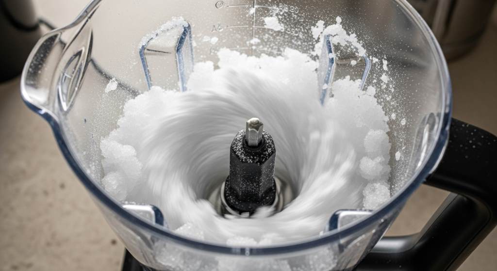 Powerful blender crushing ice cubes into fine snow texture close-up view