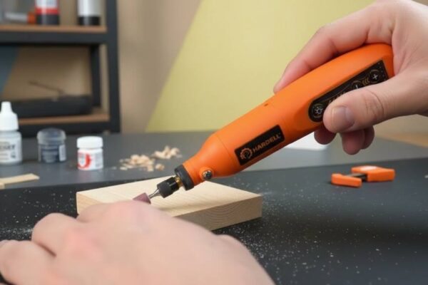 HARDELL 4V cordless rotary tool sanding a small wooden craft edge