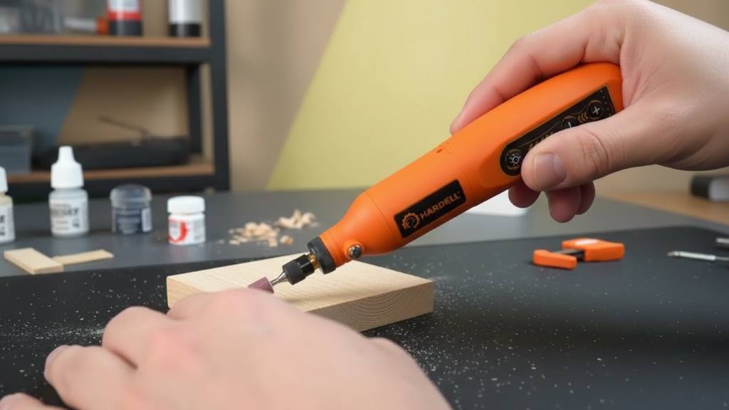 HARDELL 4V cordless rotary tool sanding a small wooden craft edge