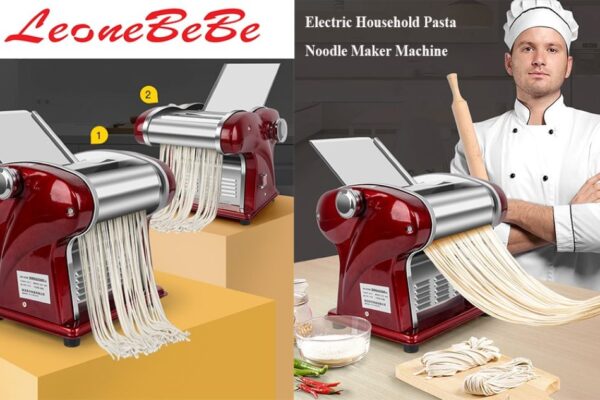 Close-up of LEONEBEBE electric pasta maker with stainless steel body.