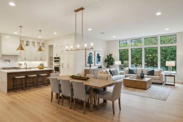 Open concept living space showing seamless visual flow between kitchen, dining, and living areas with consistent wood flooring and coordinated color palette