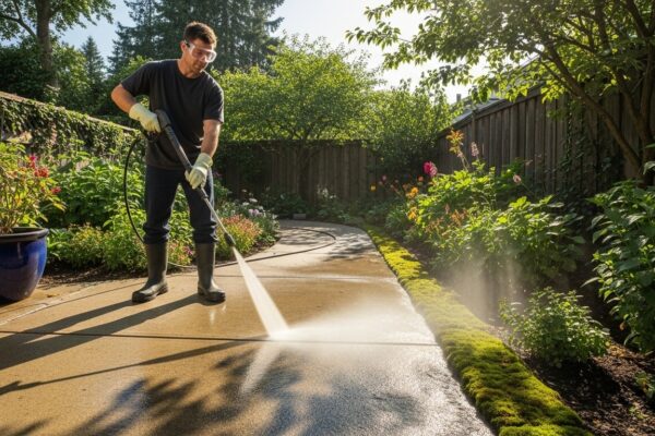 Pressure washing a concrete driveway safely