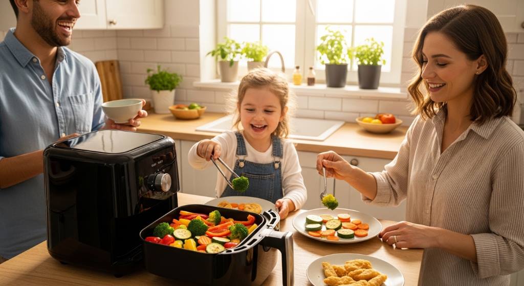 Family enjoying healthy air-fried vegetables from a small countertop fryer