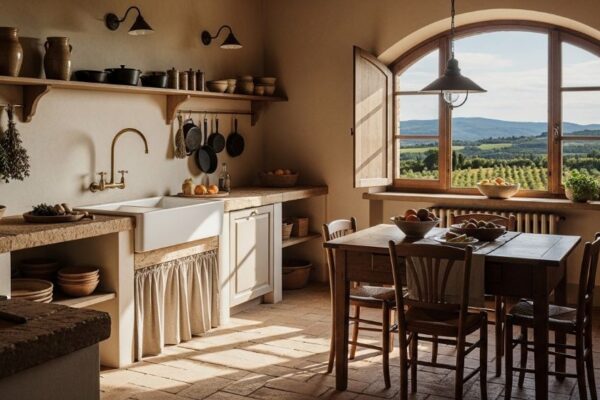 Rustic Tuscan kitchen with terracotta floors, stone countertops, open wood shelving, and large farmhouse sink under window