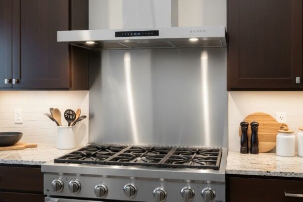 Modern stainless steel 30-inch range hood mounted under kitchen cabinets above gas stove