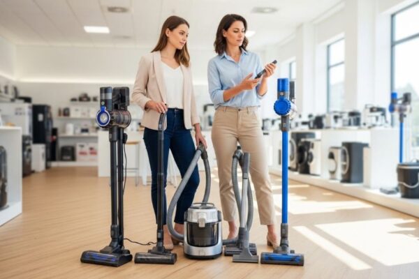 Woman comparing different vacuum cleaner types including upright cordless and canister models in modern home showroom