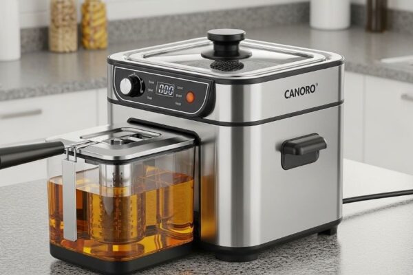 Modern countertop deep fryer with built-in oil filtration system showing clear oil reservoir and digital temperature control display