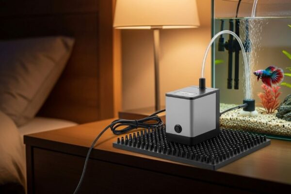 Aquarium air pump placed on vibration dampening pad to reduce noise and prevent sleep disruption in bedroom fish tank setup