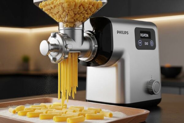 Philips electric pasta extruder producing fresh rigatoni onto tray