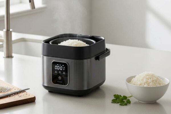 Sleek compact rice cooker preparing fluffy grains on a modern countertop