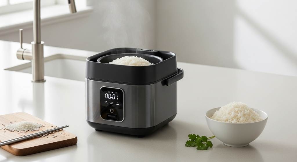 Sleek compact rice cooker preparing fluffy grains on a modern countertop
