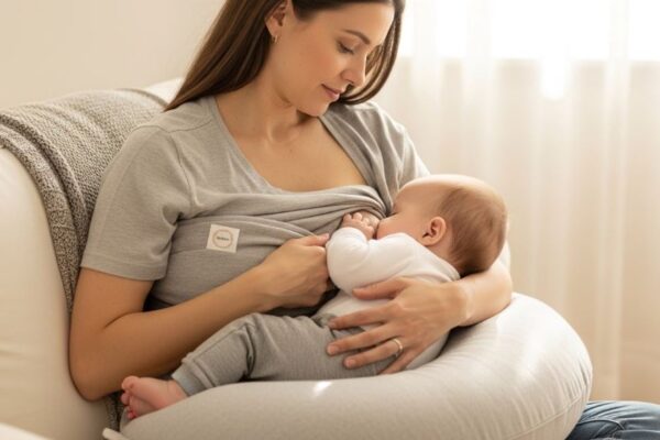 Mother comfortably nursing baby using supportive breastfeeding pillow while sitting upright with relaxed shoulders