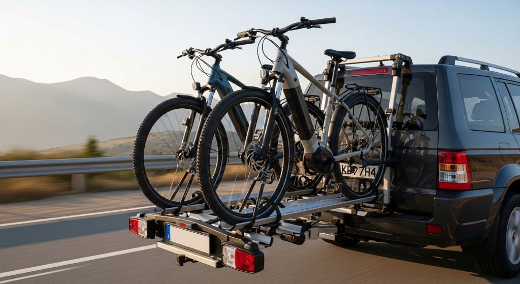 Electric bike loaded on high-capacity platform rack demonstrating proper weight distribution and secure mounting