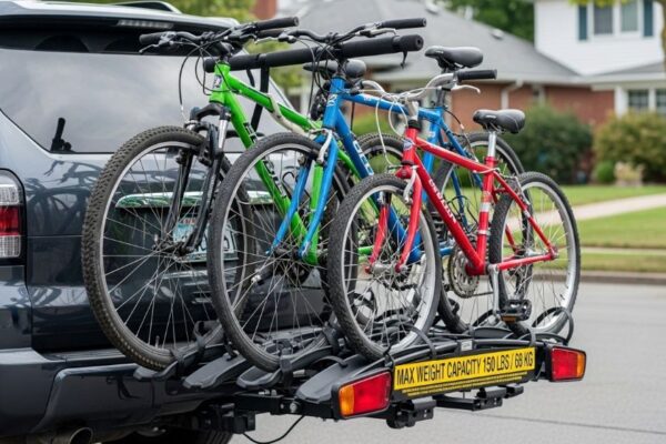 Heavy duty bike rack mounted on vehicle hitch showing weight capacity rating label and multiple bikes secured safely