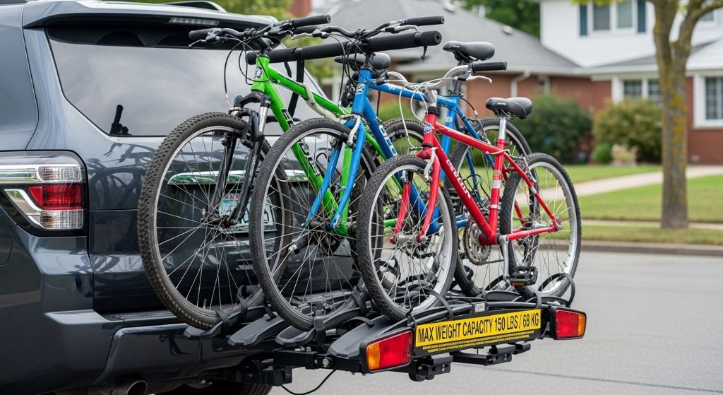 Heavy duty bike rack mounted on vehicle hitch showing weight capacity rating label and multiple bikes secured safely