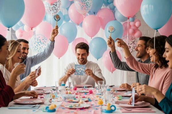 Guests playing interactive baby shower games at decorated party table with pink and blue balloons