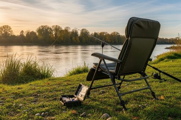 Fishing chair with lumbar support and high backrest on riverbank