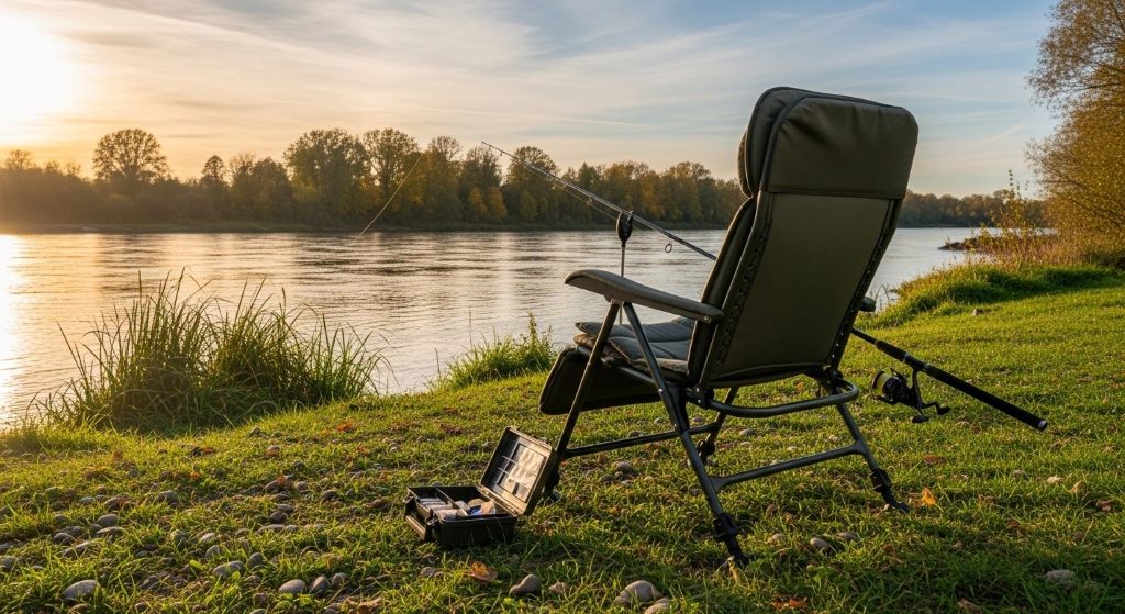 Fishing chair with lumbar support and high backrest on riverbank