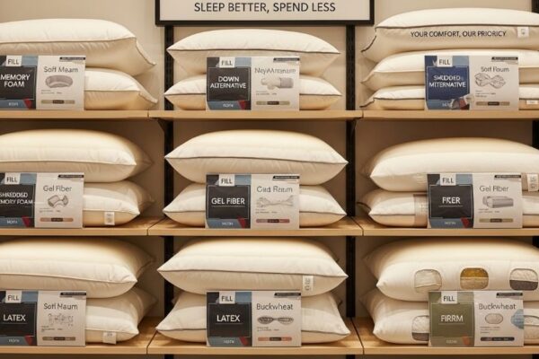 Affordable bed pillows arranged showing different fill materials and firmness levels for better sleep