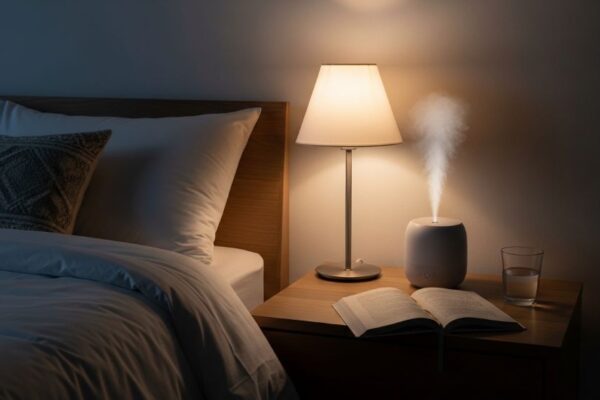 Small white ultrasonic humidifier releasing gentle mist on wooden nightstand beside bed in dimly lit peaceful bedroom at night