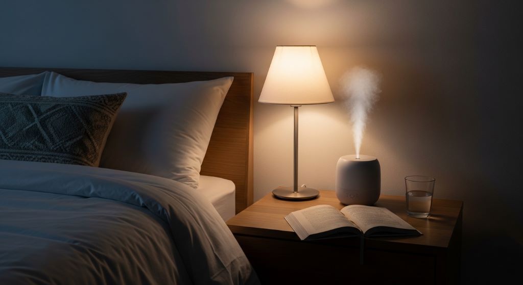 Small white ultrasonic humidifier releasing gentle mist on wooden nightstand beside bed in dimly lit peaceful bedroom at night