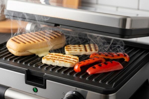 Contact grill with food cooking on ridged plates