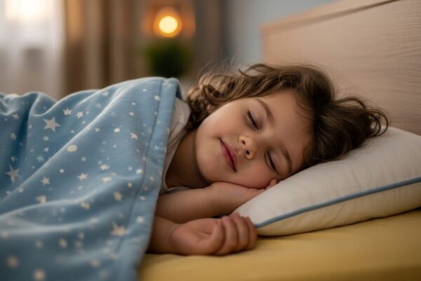 Young child sleeping peacefully on age-appropriate pillow in bed