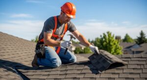 A homeowner wearing safety gear carefully replacing a damaged asphalt shingle on a residential roof using a hammer and roofing nails on a clear day