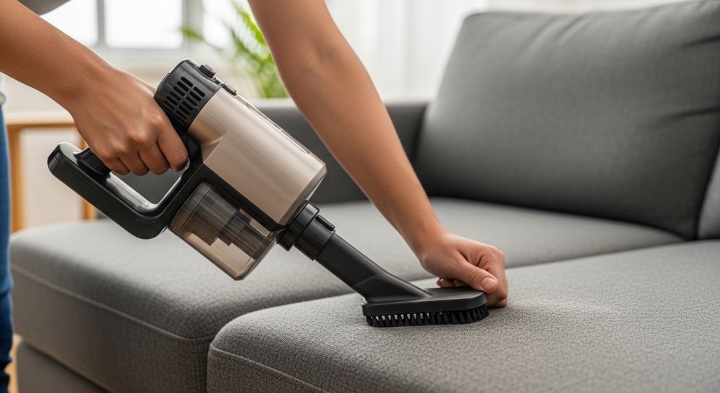 A person using a handheld vacuum with an upholstery brush attachment to clean a gray fabric sofa