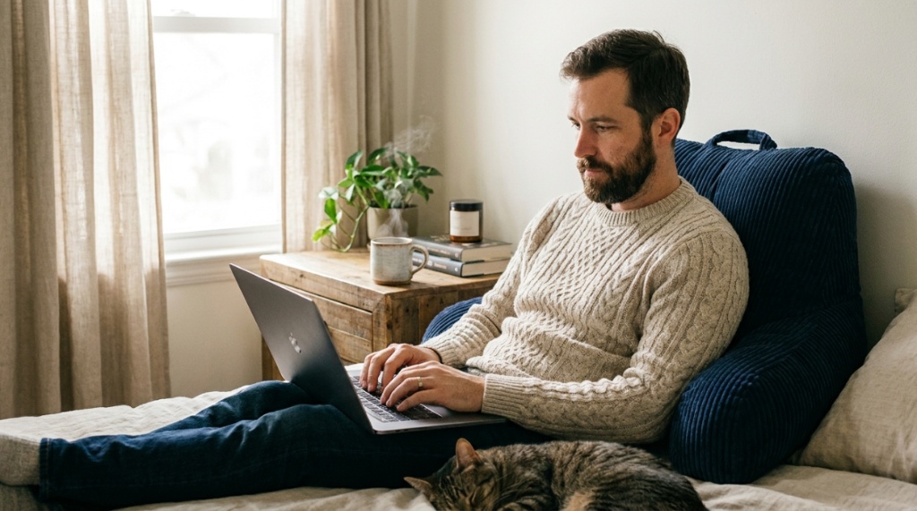 Man typing on a laptop in bed supported by a navy reading pillow with arms.