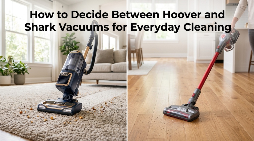Side by side comparison of a Shark and Hoover vacuum cleaner in a bright living room for everyday cleaning.