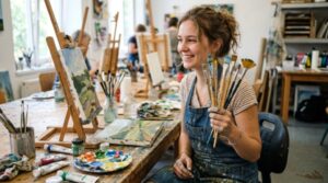 A beginner artist holding several paint brushes of different shapes and sizes at an art studio table