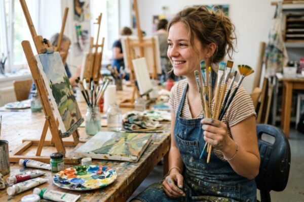 A beginner artist holding several paint brushes of different shapes and sizes at an art studio table