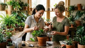 Indoor gardener in Atlanta removing soil pests from healthy houseplants near sunny apartment window