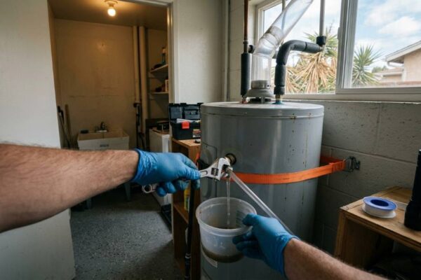 Los Angeles home plumbing inspection under kitchen sink with visible pipes and tools