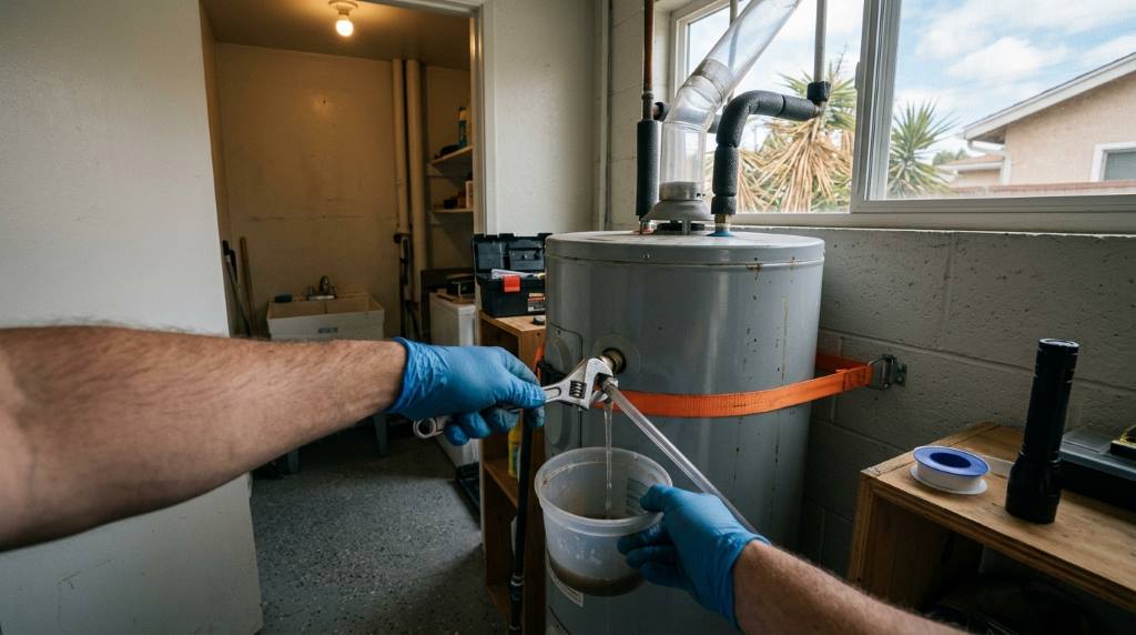 Los Angeles home plumbing inspection under kitchen sink with visible pipes and tools