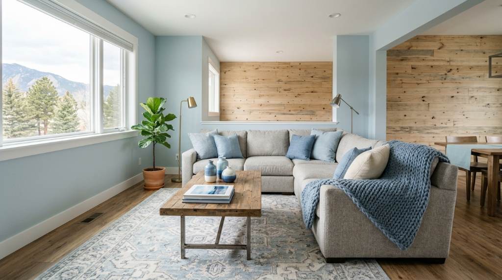 Modern Denver living room decorated with soft blue tones and natural wood furniture