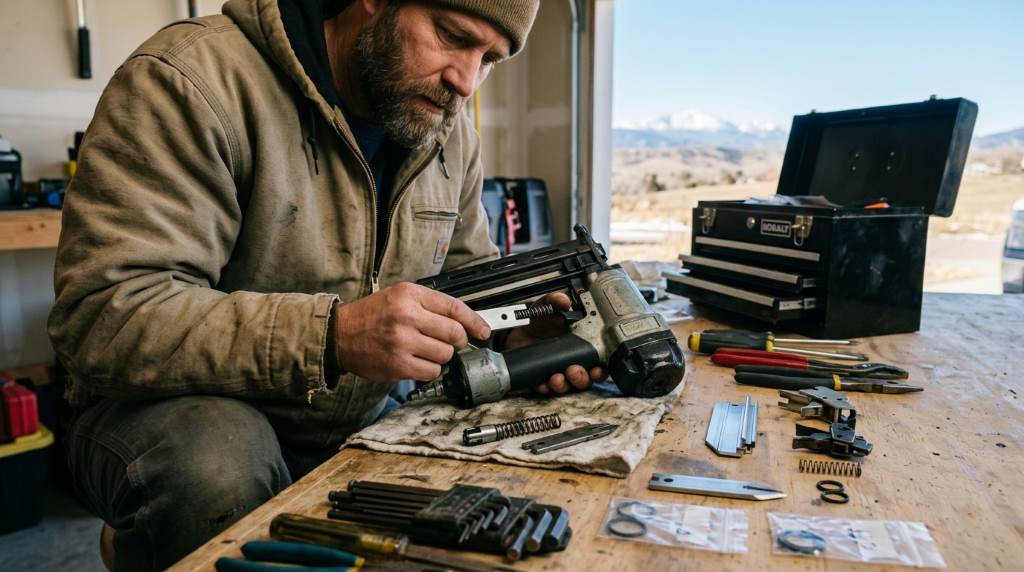 Professional contractor repairing pneumatic nail gun replacement parts in Denver CO workshop