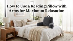 Plush grey reading pillow with arms on a bed with title text overlay