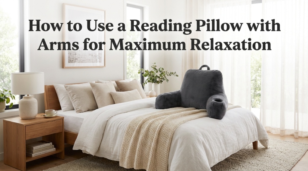 Plush grey reading pillow with arms on a bed with title text overlay