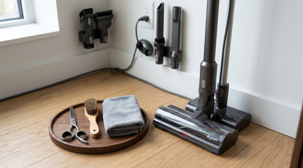 Cleaning brush and scissors placed beside an upright vacuum base.