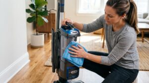 Person wiping clean an upright vacuum cleaner with a soft cloth.