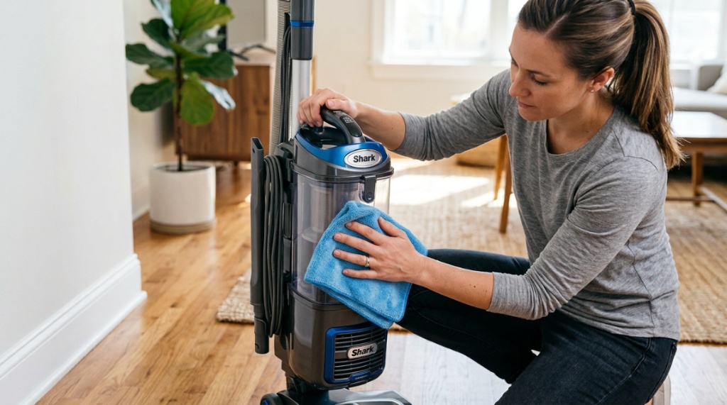 Person wiping clean an upright vacuum cleaner with a soft cloth.