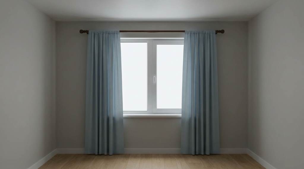 Floor-length white curtains hung near ceiling in a low-ceiling living room