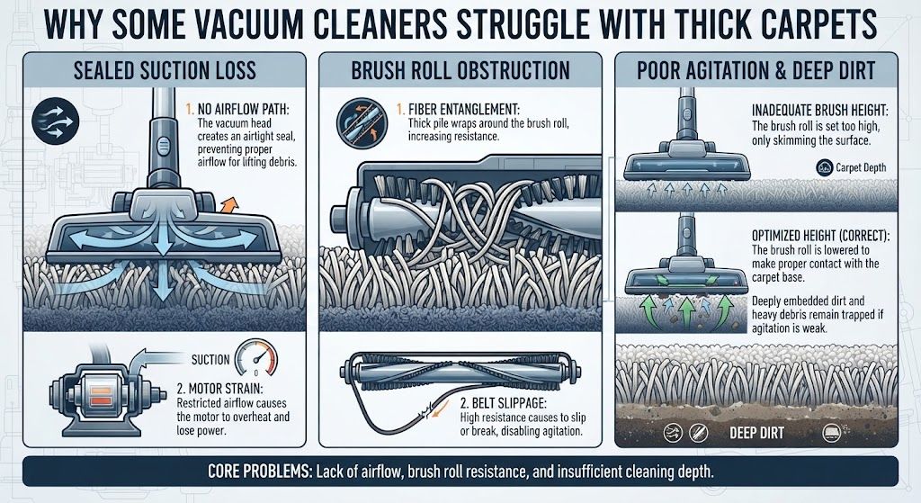 Vacuum cleaner brush roll on thick carpet