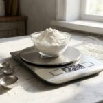 Digital food scale measuring flour on a marble countertop.